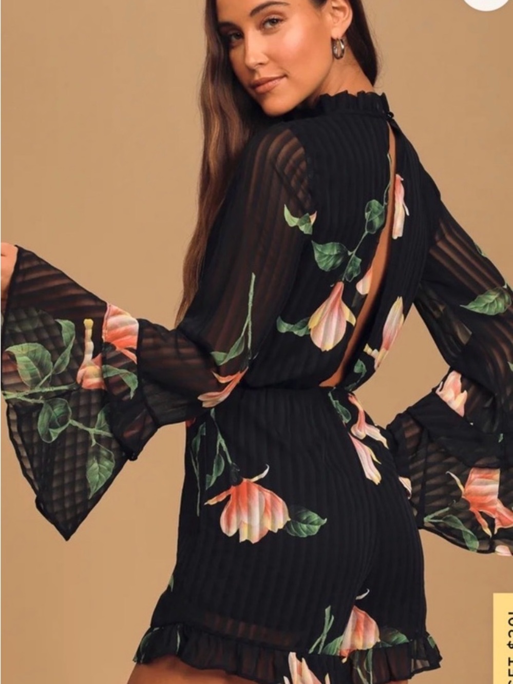 Lulus Talkin Sweet Floral Bell-Sleeve Black Romper Dress - Black Floral